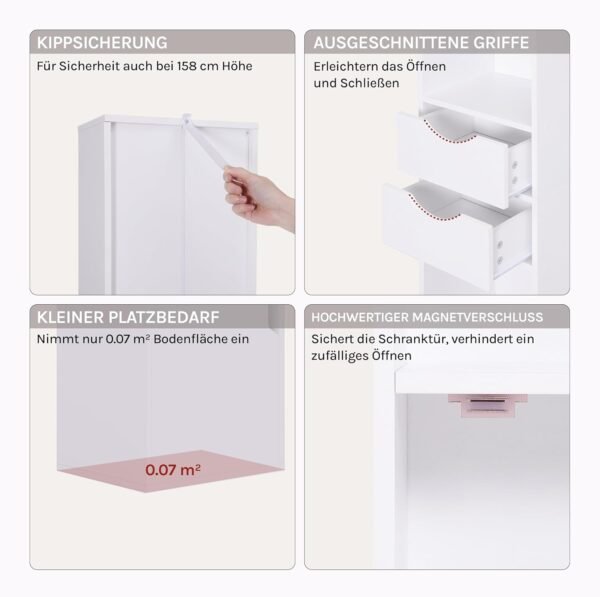 WOLTU Bücherregal Bücherschrank, Standregal mit Schubladen, Regal mit Tür, Büroregal, Aufbewahrungsregal für Wohnzimmer Schalfzimmer, Weiß, 30 x 158 x 24 cm, SK028ws - Image 4