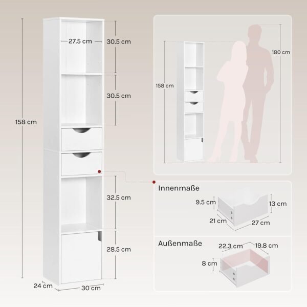 WOLTU Bücherregal Bücherschrank, Standregal mit Schubladen, Regal mit Tür, Büroregal, Aufbewahrungsregal für Wohnzimmer Schalfzimmer, Weiß, 30 x 158 x 24 cm, SK028ws - Image 3